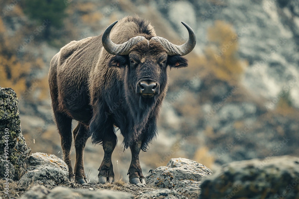 A powerful creature looms on rugged rocks, its dense fur and striking horns highlighted in exquisite clarity. A powerful creature looms on rugged rocks, its dense fur and striking horns highlighted in exquisite clarity.