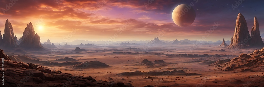 Abstract colorful background of a unique beautiful fantasy space with planets and stars from land view with mountains and dusty hills Abstract colorful background of a unique beautiful fantasy space with planets and stars from land view with mountains and dusty hills