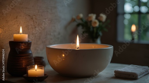 Flickering Candle Flames & Relaxing Baths. capturing the calm and luxurious atmosphere, perfect for a soothing and tranquil experience in a realistic style. photo