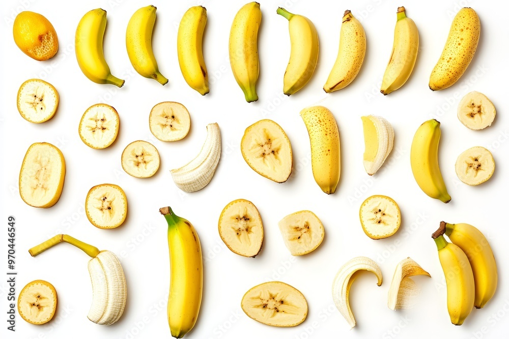 A collection of whole, sliced, and peeled bananas on a white background. A collection of whole, sliced, and peeled bananas on a white background.