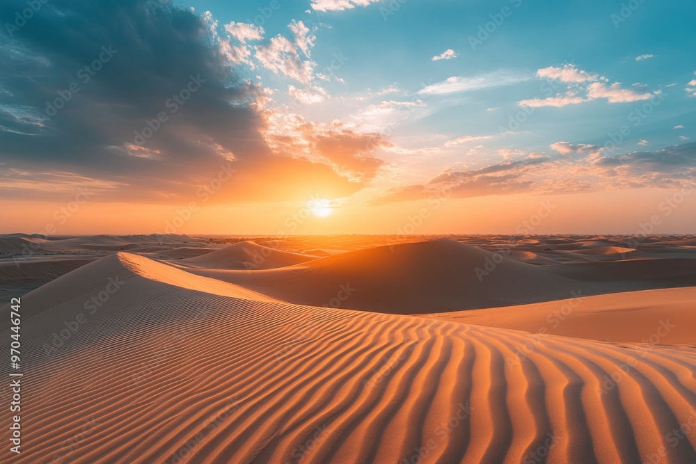 Sunset over the desert of Al Khatim in Abu Dhabi, Emirates. Golden Sand Dune Desert Landscape Panorama. Beautiful sunset over the sand dunes in the Al Khatim in Abu Dhabi, Emirates , ai Sunset over the desert of Al Khatim in Abu Dhabi, Emirates. Golden Sand Dune Desert Landscape Panorama. Beautiful sunset over the sand dunes in the Al Khatim in Abu Dhabi, Emirates , ai