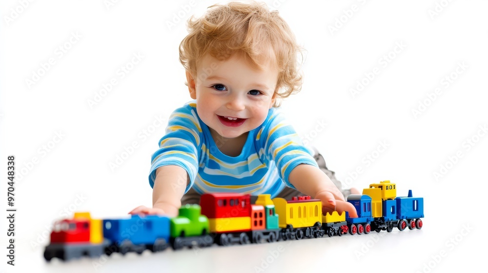Happy toddler playing with a colorful toy train on a white background. Child enjoying playtime, learning, and having fun. Happy toddler playing with a colorful toy train on a white background. Child enjoying playtime, learning, and having fun.