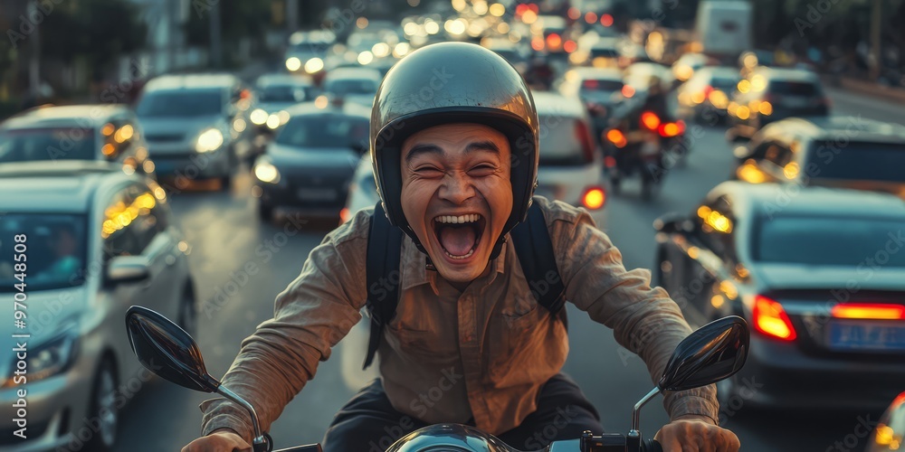 Happy motorcyclist with a wide smile rides through city traffic at dusk, reflecting joy and thrill of urban commuting. Happy motorcyclist with a wide smile rides through city traffic at dusk, reflecting joy and thrill of urban commuting.