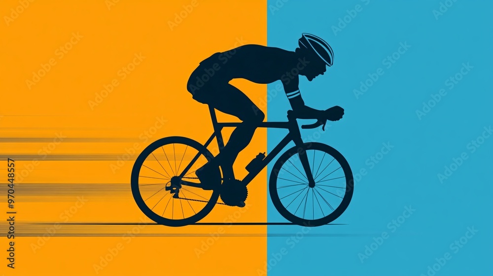Fototapeta premium Cyclist silhouette pedaling at high speed with motion lines and dust trails symbolizing endurance and power in a race environment Large space for text in center Stock photo with copy space