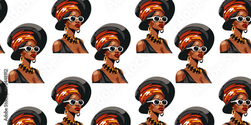 Seamless pattern with elegant extravagant African American woman in hat and sunglasses