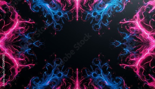 Swirling Flames, Pink and Blue Flames on Dark Background with Symmetrical Pattern