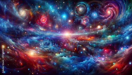 Abstract universe background show multi dimension of space and stars light inside nebula galaxy in astronomy and science concept.
