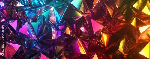 Iridescent triangles forming a crystal-like structure, abstract background, vibrant colors