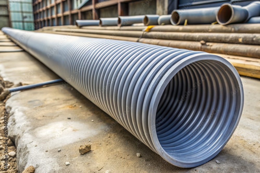 Rigid water pipe made of gray PVC material with sharp creases and ridges, exposed to a dusty industrial environment Rigid water pipe made of gray PVC material with sharp creases and ridges, exposed to a dusty industrial environment