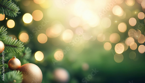 Christmas background with Christmas pine tree on the side with bokeh light on the background and empty copy space for text.