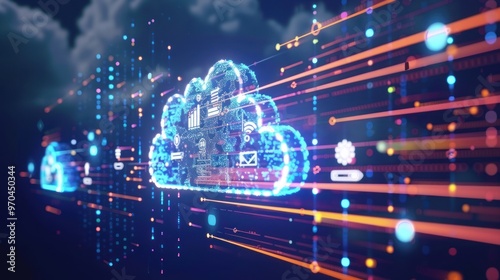 a cloud with data icons and a database symbol, illustrating cloud-based data storage solutions.