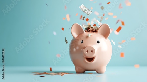 A cheerful piggy bank surrounded by falling money and confetti, symbolizing savings, joy, and financial success.