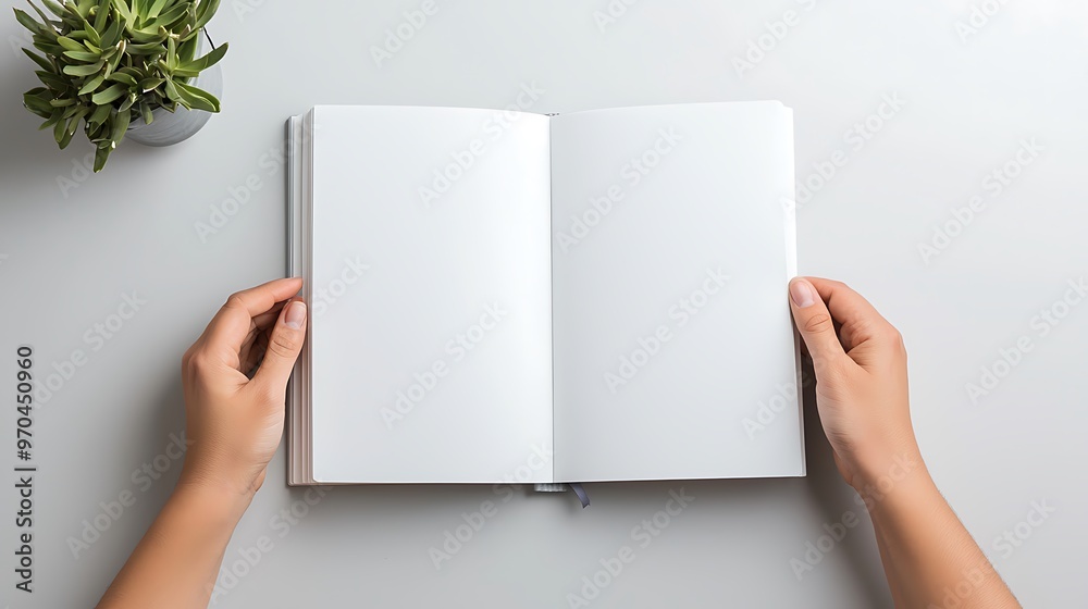 Person opening a book with blank pages, ready to write a new story Person opening a book with blank pages, ready to write a new story