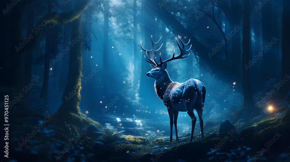 A mystical deer stands elegantly in a serene forest, illuminated by soft beams of light and surrounded by enchanting flora. A mystical deer stands elegantly in a serene forest, illuminated by soft beams of light and surrounded by enchanting flora.
