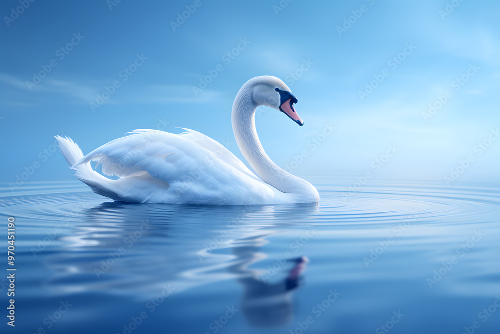 A serene white swan gliding gracefully across calm waters, reflecting the tranquil blue sky for a peaceful nature scene.
