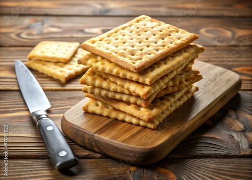 Golden brown rectangular cream crackers, their crumbly surface glistening, arranged neatly on a rustic wooden cutting board with a knife lying beside them. photo