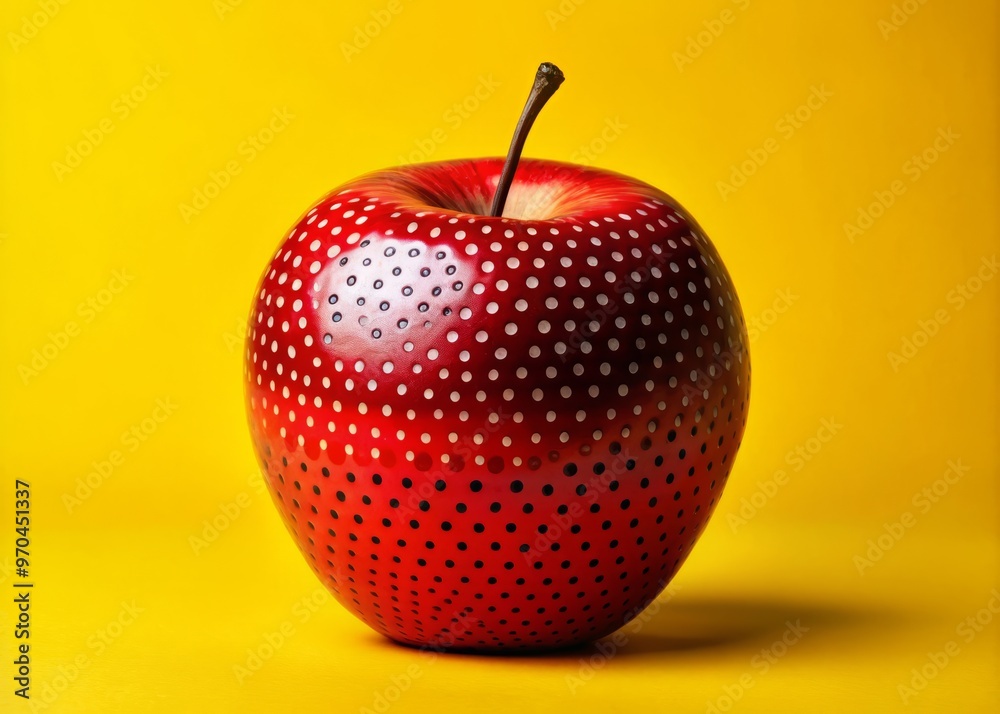 Obraz premium A bold, bright red apple with a Ben-Day dot pattern, set against a vibrant yellow background with a graphic black outline.