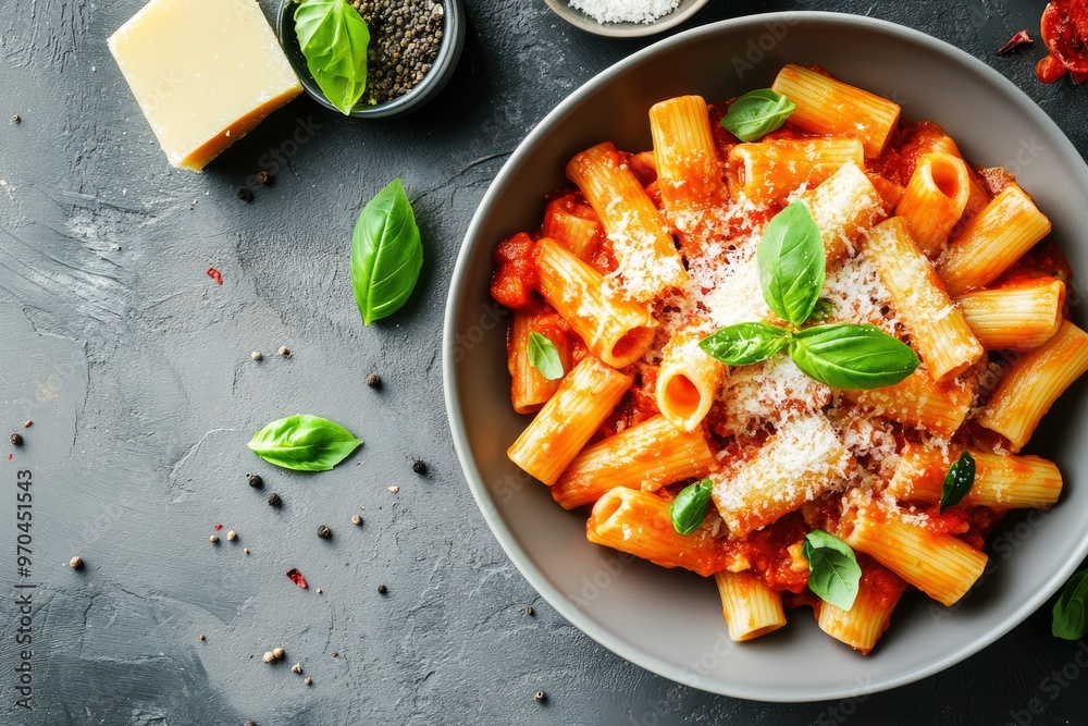 Delicious pasta with tomato sauce, basil and cheese on served gray textured table, flat lay , ai Delicious pasta with tomato sauce, basil and cheese on served gray textured table, flat lay , ai