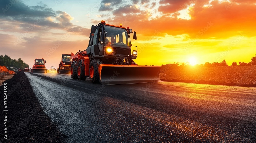 Road Construction Sunset with Asphalt Paver Road Construction Sunset with Asphalt Paver