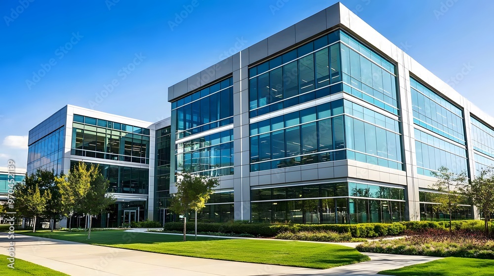 Modern Glass Office Building with Landscaped Grounds Modern Glass Office Building with Landscaped Grounds
