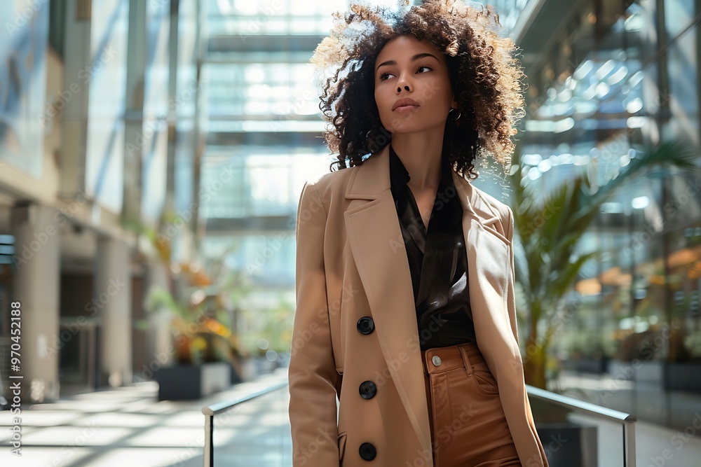 Fototapeta premium Businesswoman in a Stylish Outfit Walking Through a Tech Park, Copy Space, Portrait Shot, Tech, Park