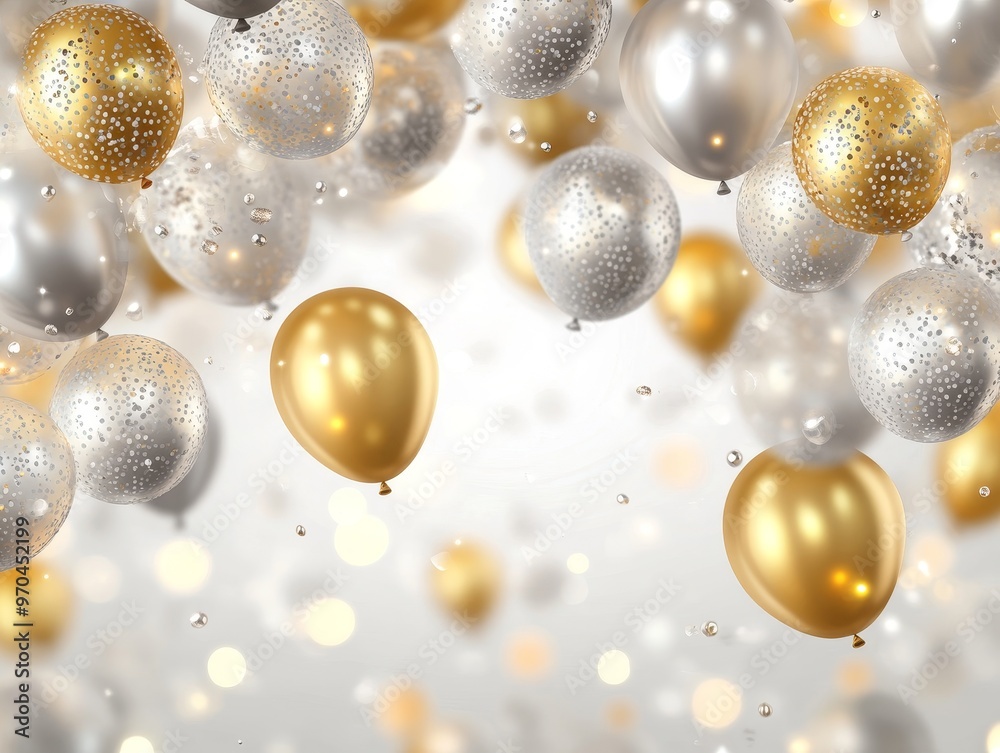 Gold and silver balloons floating with confetti on white background. Gold and silver balloons floating with confetti on white background.