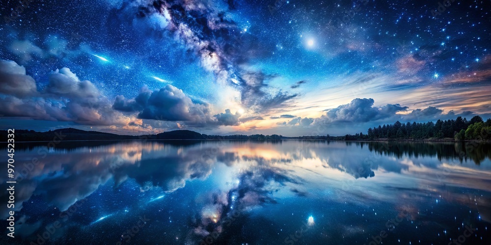 Night clouds reflected on peaceful lake under starry sky Night clouds reflected on peaceful lake under starry sky