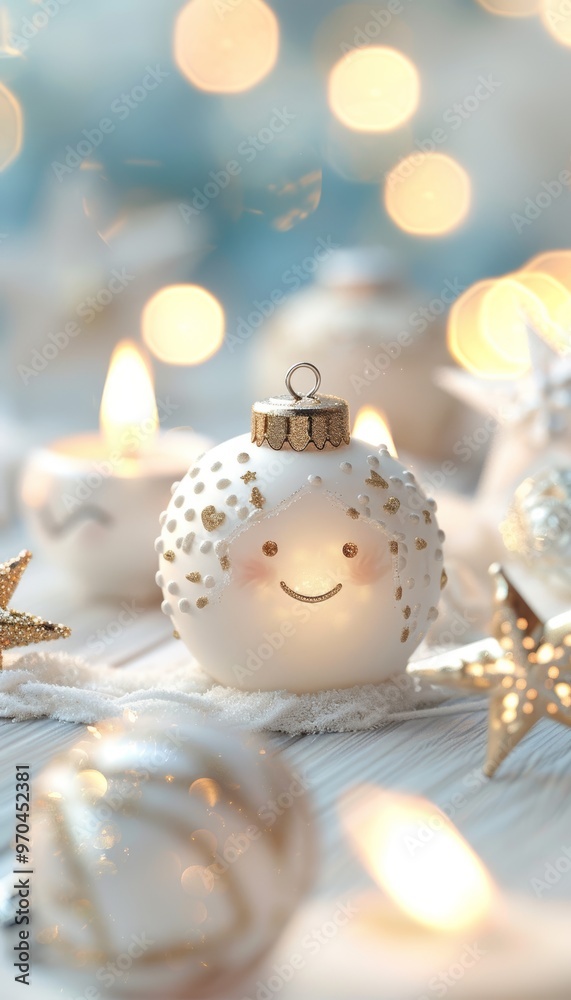 Fototapeta premium A cheerful Christmas ornament with a smiling face, surrounded by soft lights and festive decorations, creating a warm holiday atmosphere.