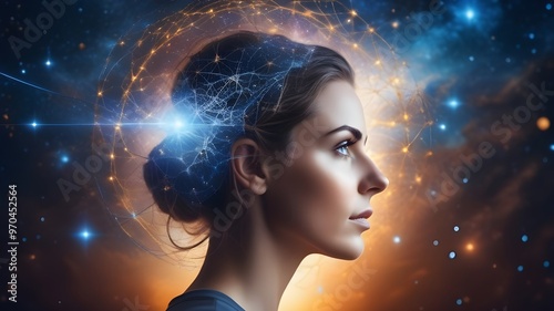 Woman meditates, neural connections, astral dreaming, visualization, alpha, theta waves.