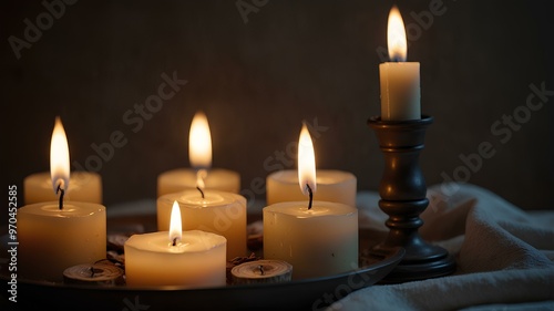 Candlelight Glow & Evening Relaxation. capturing the calm and peaceful atmosphere of gentle candlelight perfect for creating a relaxing evening ambiance in a realistic style. photo