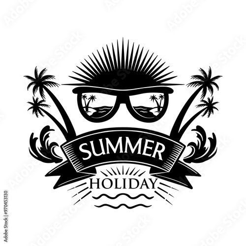 Summer Beach Sea Ocean Water Silhouette Illustration Vintage Design Icon Art Vector