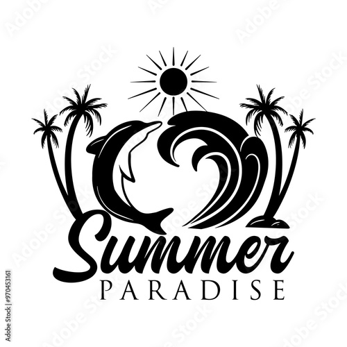 Summer Beach Sea Ocean Water Silhouette Illustration Vintage Design Icon Art Vector