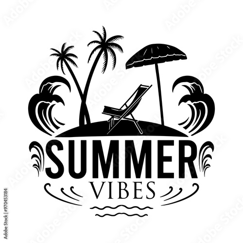 Summer Beach Sea Ocean Water Silhouette Illustration Vintage Design Icon Art Vector