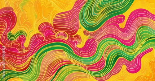 A vibrant abstract design featuring flowing lines in shades of pink, green, and yellow, creating a dynamic visual rhythm.