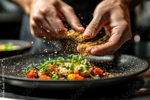 Hands sprinkling food or seasoning onto a dish for fine dining.