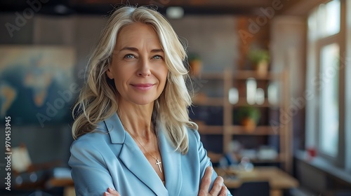 Confident Mature Businesswoman Smiling in Office, Business Theme, Portrait Shot, Plain Office Background, Smiling