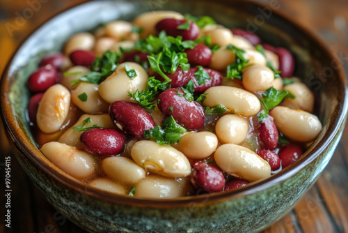 A top view of a dish with red and white beans.