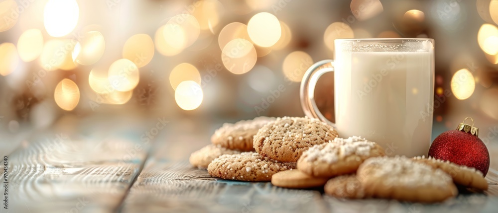 A cozy setup featuring milk and cookies with festive bokeh lights, perfect for holiday celebrations and winter gatherings. A cozy setup featuring milk and cookies with festive bokeh lights, perfect for holiday celebrations and winter gatherings.