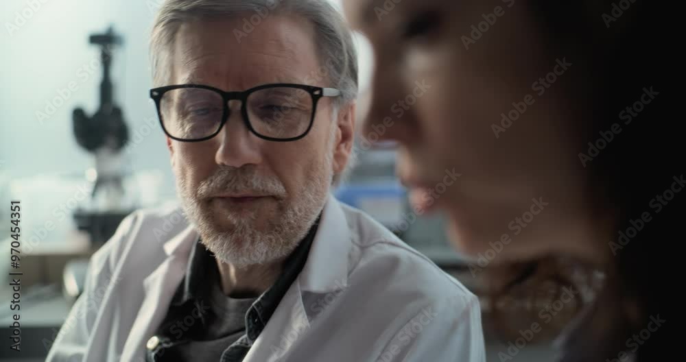 Portrait of mature scientist discussing historical or scientific research with female colleague. Paleontologists or microbiologists work in advanced archaeological lab. Science concept. Close Up. Portrait of mature scientist discussing historical or scientific research with female colleague. Paleontologists or microbiologists work in advanced archaeological lab. Science concept. Close Up.