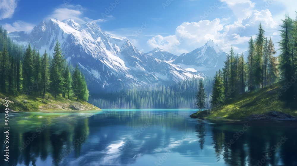 Tranquil mountain lake with reflection of snowy peaks and evergreen trees. Tranquil mountain lake with reflection of snowy peaks and evergreen trees.