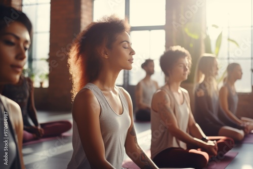 A serene yoga class captured in soft light, with participants in meditation, radiating calmness and concentration in a modern studio.