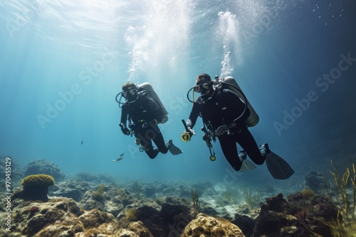 Two professional divers explore an underwater world filled with coral and marine life, showcasing the beauty and adventure of ocean exploration. photo