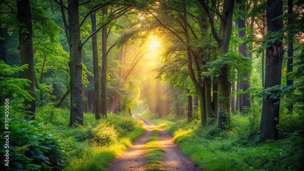 Tranquil forest path through lush greenery during twilight Tranquil forest path through lush greenery during twilight