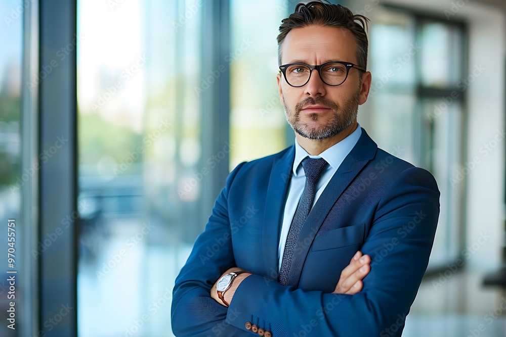 Fototapeta premium Corporate Executive in a Suit Sitting in an Elegant Boardroom, Business Theme, Portrait Shot, Executive, Boardroom