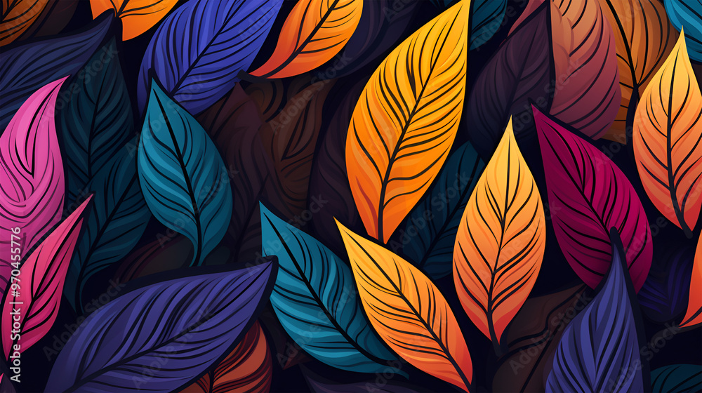 Colorful abstract pattern of leaves, blending vivid hues and intricate shapes for a vibrant visual effect