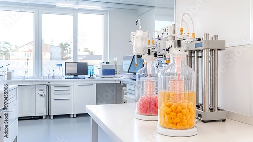 Innovative biotechnology lab with bioreactors cultivating genetically modified organisms photo