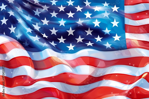 A close-up image of the American flag waving in the wind.