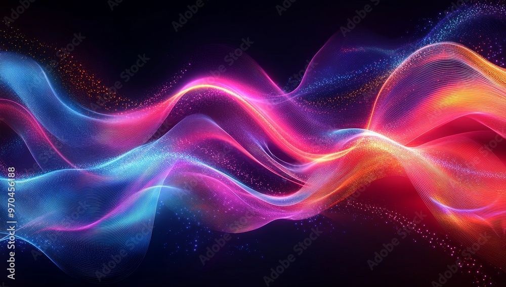 Abstract colorful waves with glowing particles and lines on black background. Abstract colorful waves with glowing particles and lines on black background.