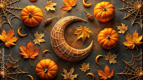 Wallpaper Mural Autumnal orange pumpkins adorn a intricate design featuring interlocking crescent moons, stylized spider webs, and subtle leaf patterns Torontodigital.ca