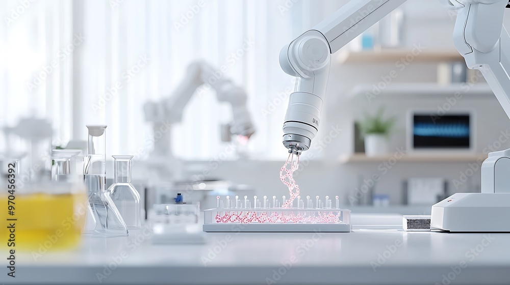 Biotech lab with robotic arms manipulating DNA samples, cutting-edge genetic research Biotech lab with robotic arms manipulating DNA samples, cutting-edge genetic research